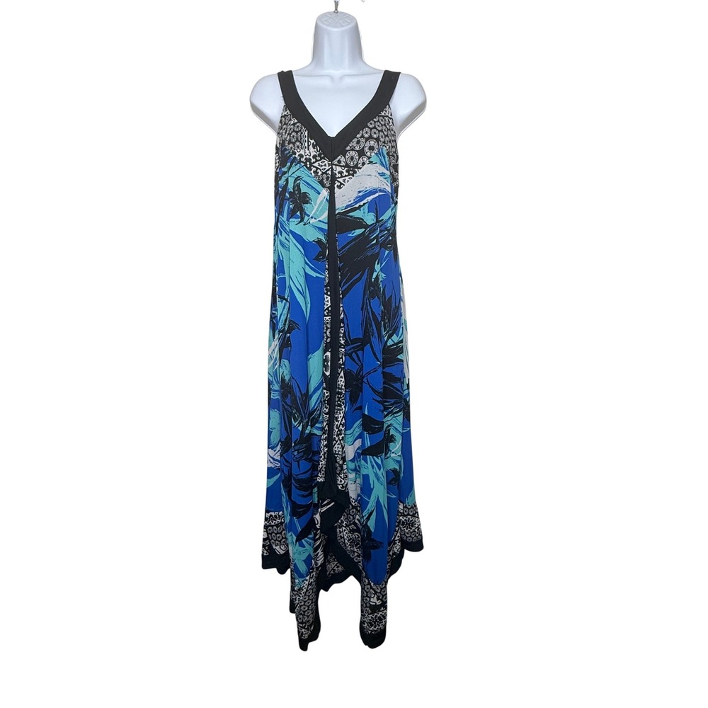 Valerie Stevens Maxi Dress Size L Blue Black V-Neck Asymmetrical Resort Tropical